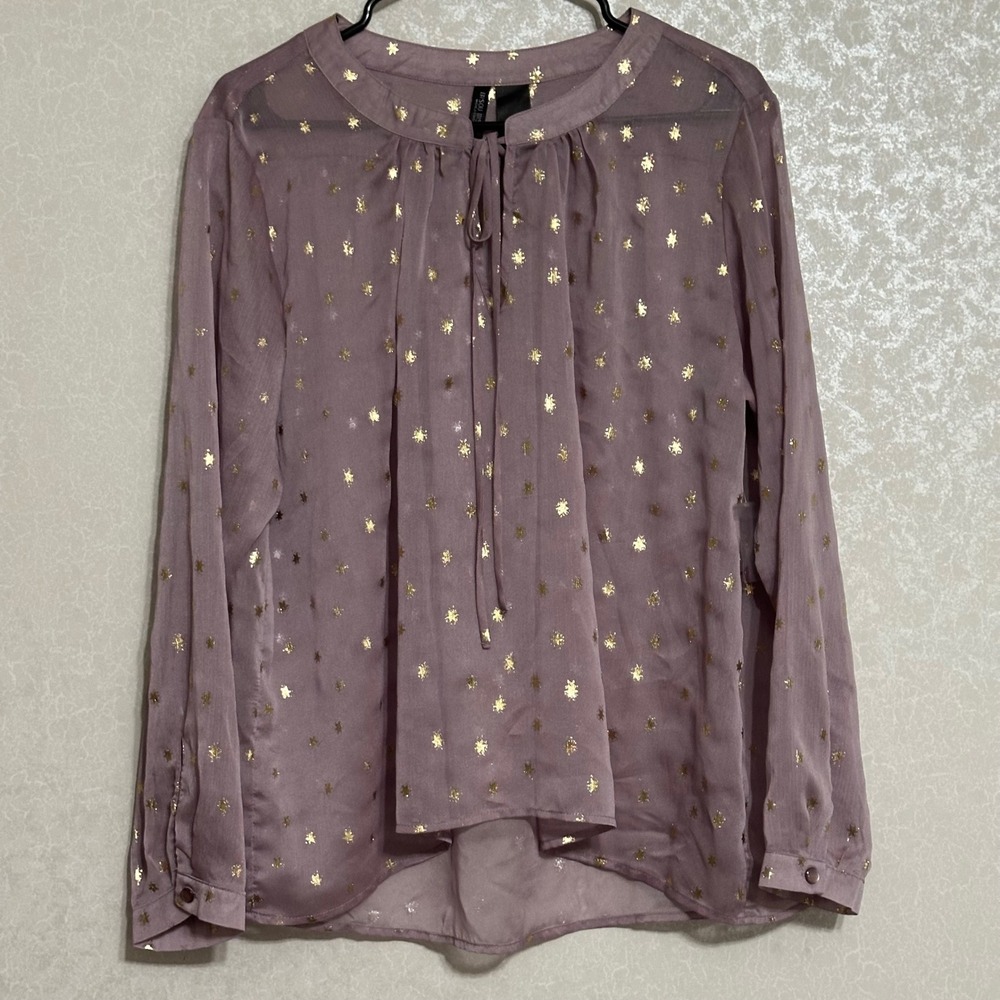 Bisou Bisou Michele Bohbot Gold Star Print Purple Blouse Sheer Top Long Sleeve L